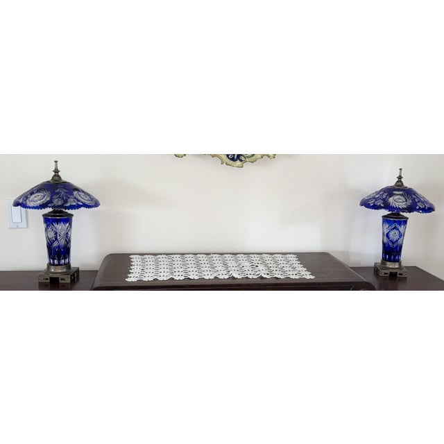 Glass Pair of Cobalt Blue Cut-Glass Table Lamps With Floral Shades For Sale - Image 7 of 11