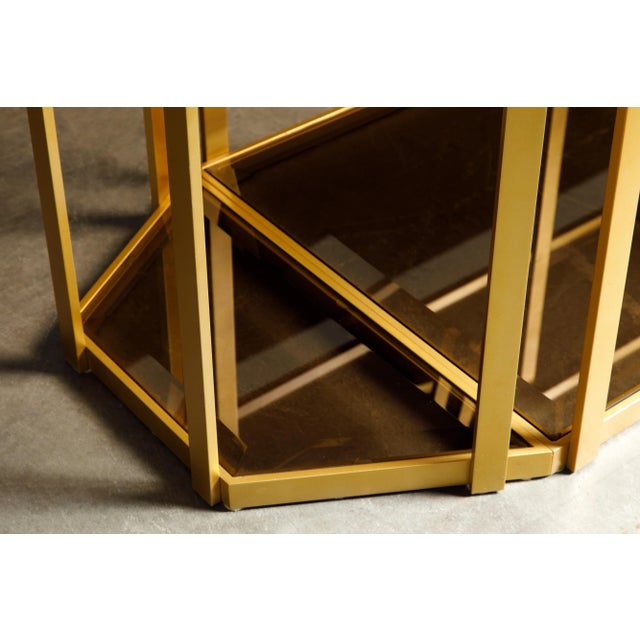 Reconfigurable Dining / Cafe / Center Table in Gilt and Smoked Glass, c. 1980s For Sale - Image 11 of 12