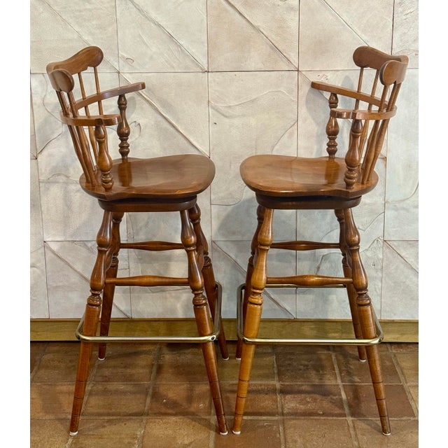Vintage Ethan Allen Heirloom Nutmeg Maple Colonial Early American Pub Style Swivel Barstool With Metal Footrest- A Pair For Sale - Image 9 of 12