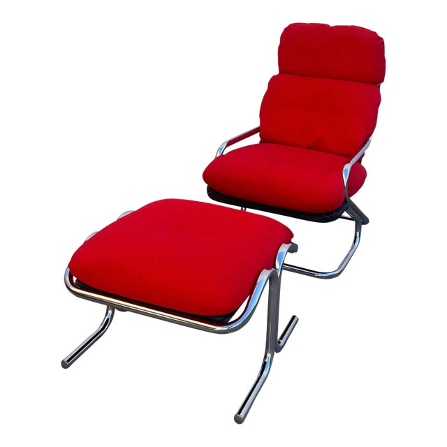 1970s Arcadia High-Back Chrome Steel Framed Chair and Ottoman Designed by Byron Botker for Landes For Sale