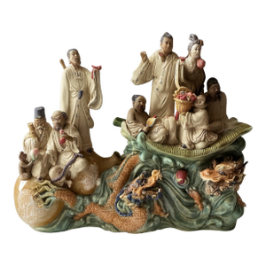 Vintage Chinese Wucai Porcelain Sculpture – Eight Immortals Crossing the Sea With Dragons, Foshan, Guangdong Province, Marked