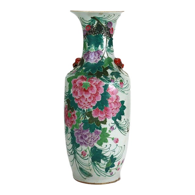 Antique Chinese Pottery Tall Vase With With Floral & Calligraphy C1890 For Sale