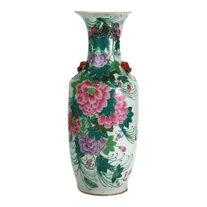 Antique Chinese Pottery Tall Vase With With Floral & Calligraphy C1890