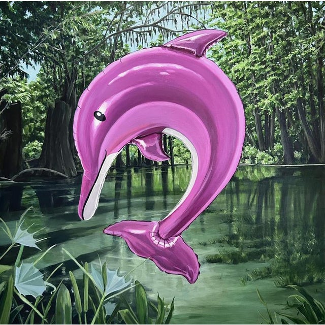 Sofía Cristina Jiménez, Pink Inflatable Dolphin in an Amazon Forest River Landscape, Acrylic Painting, 2025 For Sale - Image 10 of 10