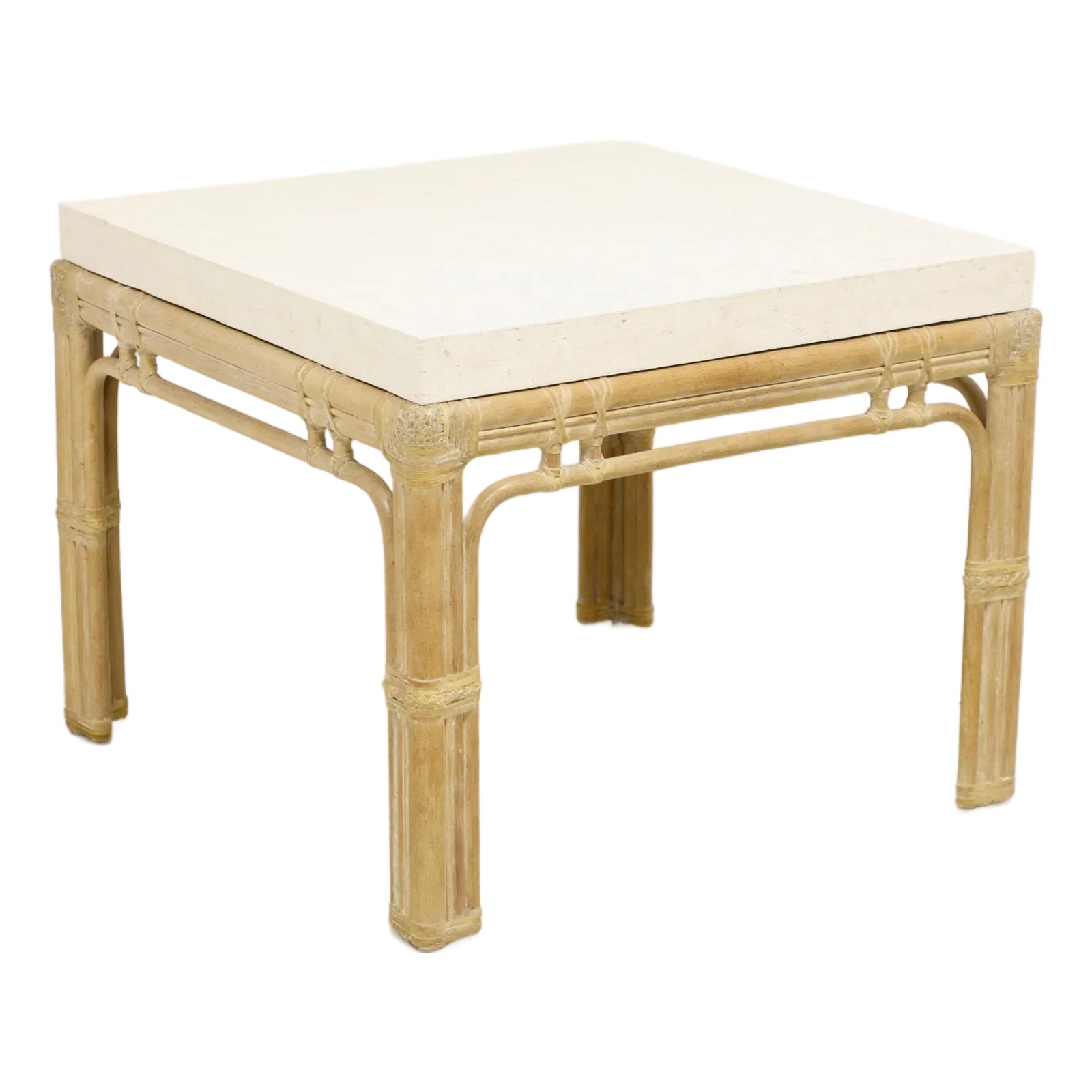 Late 20th Century Whitewashed Oak & Rattan Faux Marble Top Coastal ...