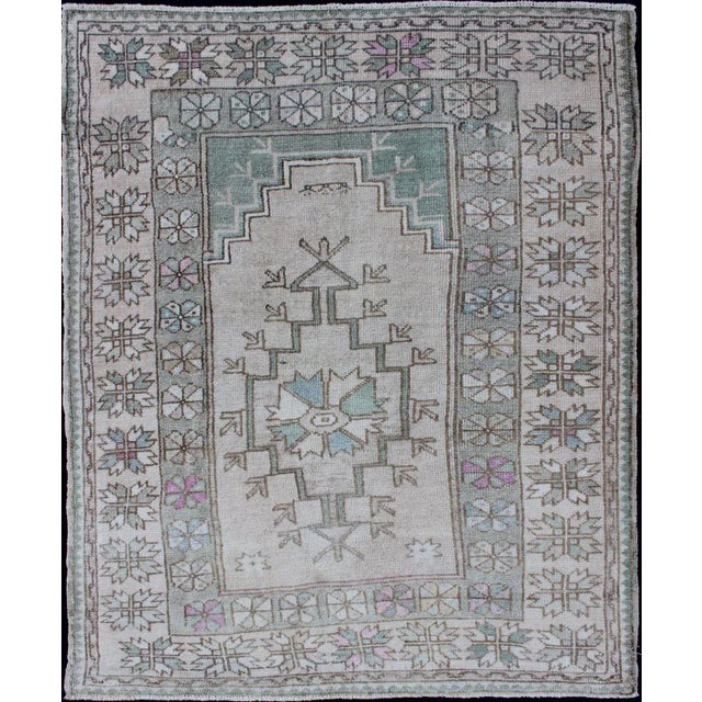 Tribal Vintage Turkish Oushak Square Rug With Medallion in Soft Green and Creams For Sale - Image 11 of 11