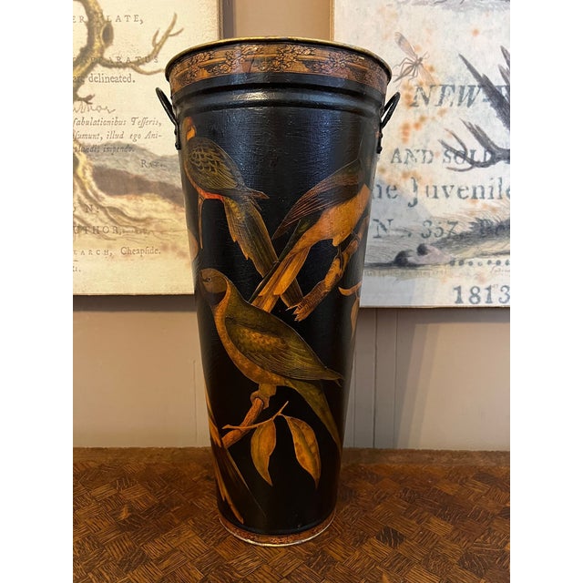Vintage English Planter Jardiniere Urn Bird Decoupage Black Tole Aviary Décor For Sale - Image 13 of 18