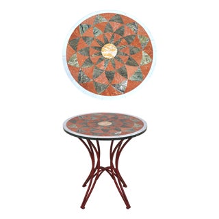 Pietra Dura Inlaid Marble Top Metal Base Round End Table For Sale