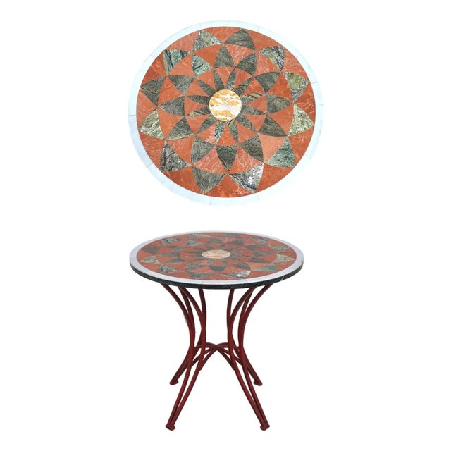 Pietra Dura Inlaid Marble Top Metal Base Round End Table For Sale