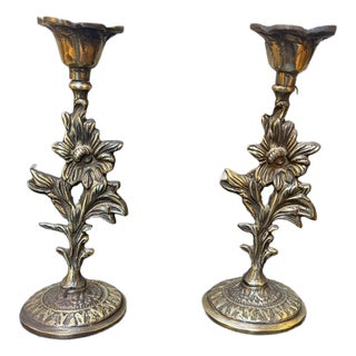Handmade Antiqued Brass Floral Candlestick Pair For Sale