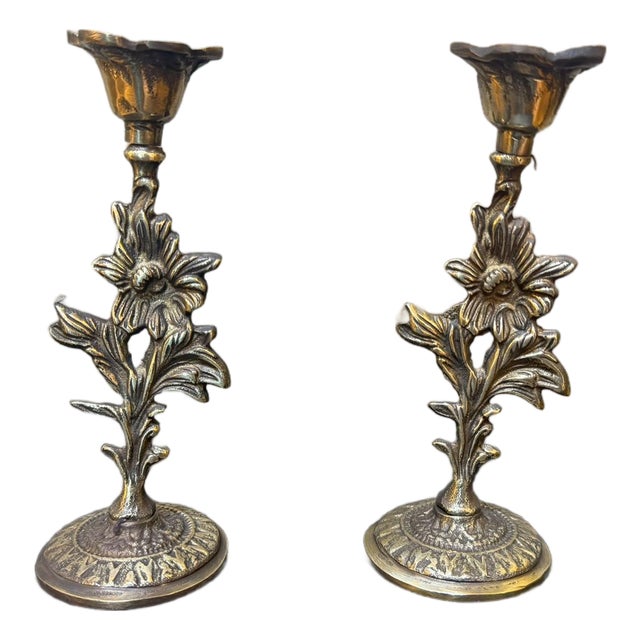 Handmade Antiqued Brass Floral Candlestick Pair For Sale