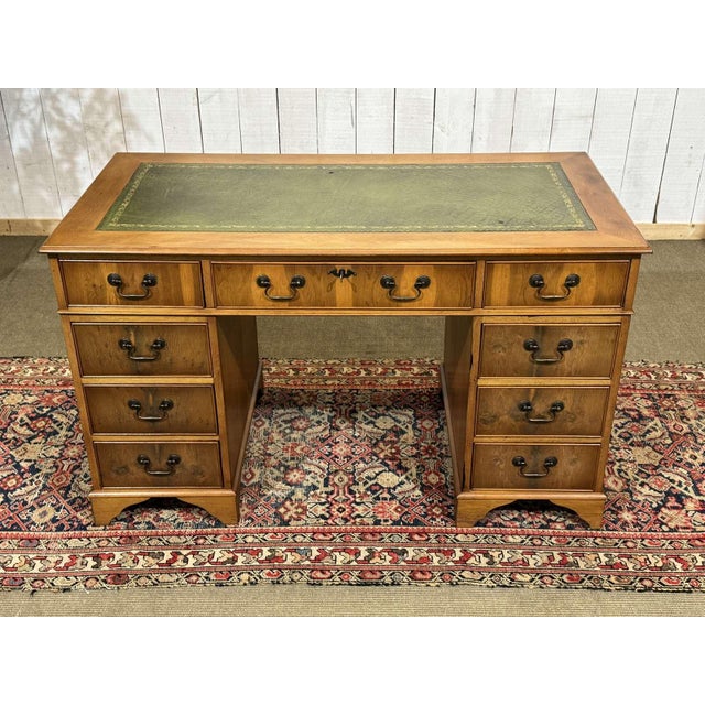 Vintage English Flat Desk with Drawers in Yew Wood with Leather Top, 1970s For Sale - Image 4 of 15