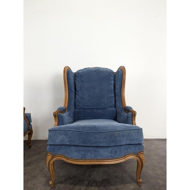 Louis XV Style Wingback Lounge Chairs in Blue Velvet, Set of 2 For Sale - Image 6 of 8