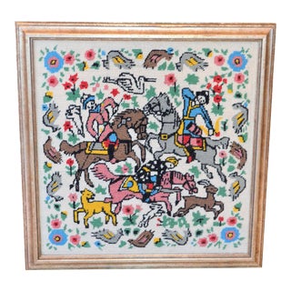 Vintage Needlepoint Persian Hunting Scene For Sale