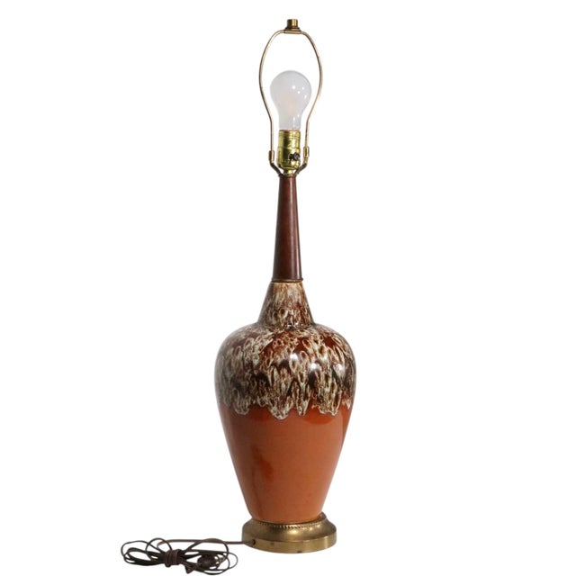 Mid 20th Century Mid Century Ceramic Drip Glaze Table Lamp With Original Shade For Sale - Image 12 of 13