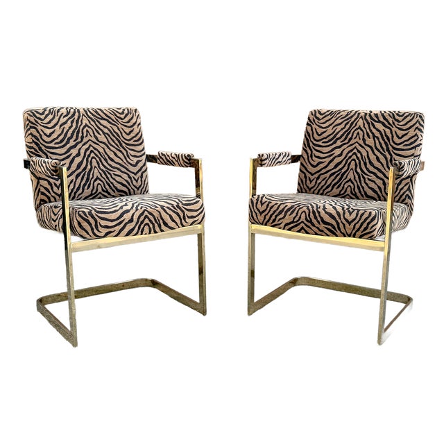 70's Milo Baughman for Thayer Coggin Newly Scalamandre Upholstered Cantilever Flat Bar Chairs - A Pair For Sale - Image 9 of 14