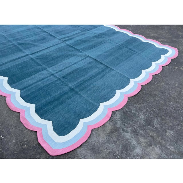 Handmade Cotton 4 Sided Scalloped Rug Celadon Blue With Cream and Pink Border - 9'x12' For Sale - Image 6 of 10