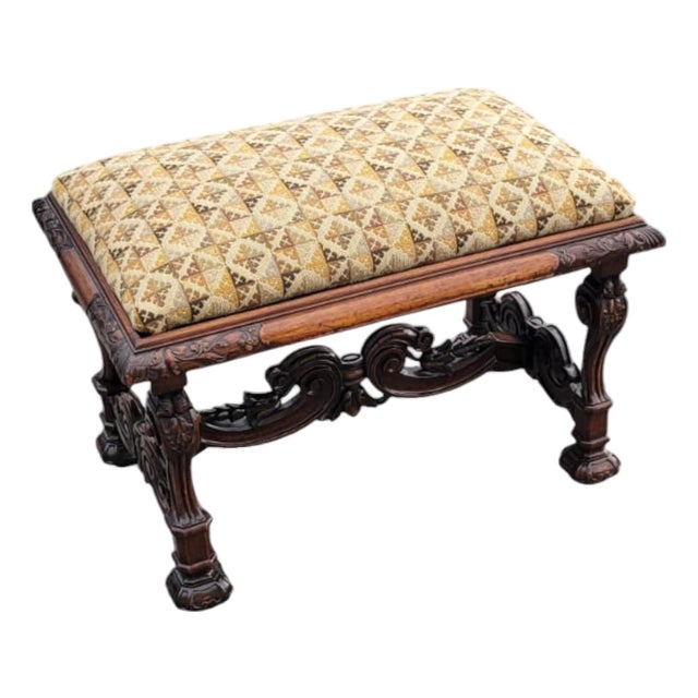 Antique 19th C. French Walnut Upholstered Bench –Hand Carved, Restored & Quality For Sale