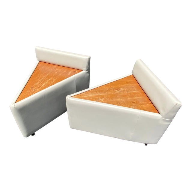 Postmodern Geometric Triangle Upholstered Wood End Tables/ Ottomans - a Pair For Sale