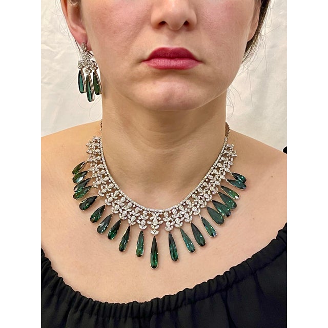 110 Carat Tear Drop Green Tourmaline and 25 Ct Diamond Necklace Suite 18 K Gold For Sale - Image 14 of 18