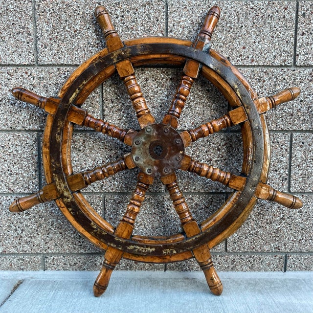 Burnt Umber Early 20th Century Ships Wheel For Sale - Image 8 of 13