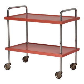Functionalist Scandinavian Red Lacquered Steel Tube and Wood Serving Cart, 1930s For Sale