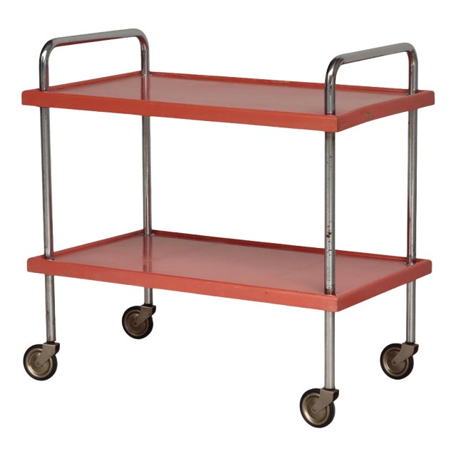Functionalist Scandinavian Red Lacquered Steel Tube and Wood Serving Cart, 1930s For Sale