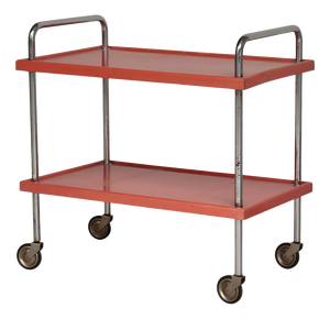 Functionalist Scandinavian Red Lacquered Steel Tube and Wood Serving Cart, 1930s