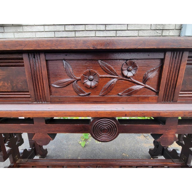 Victorian Eastlake Walnut Carved Detailed Desk With Original Leather Top, 19th C For Sale - Image 11 of 12