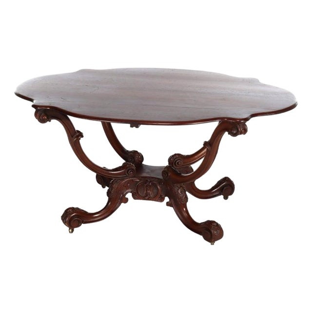 Antique Rococo Carved Mahogany Turtle Top Center Table C1890 For Sale