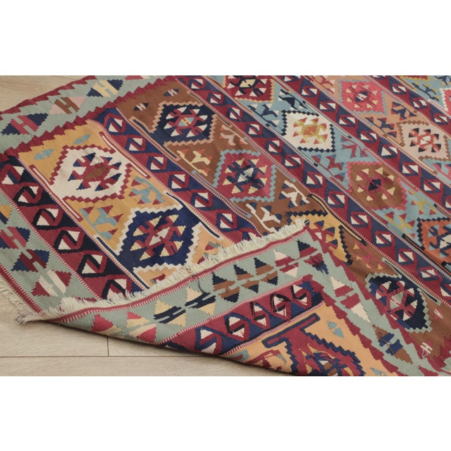 1970s Turkish Tribal Style Geometric Design Multicolor Hand Knotted Oushak Kilim Runner Rug For Sale - Image 12 of 13