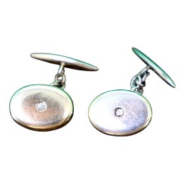 Oval-Shaped White Gold Cufflinks with Two Brilliant-Cut Diamonds, Set of 2 For Sale