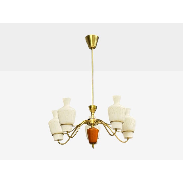 Swedish Modern, Chandelier, Brass, Mahogany, Glass, Sweden, 1940s For Sale In New York - Image 6 of 11