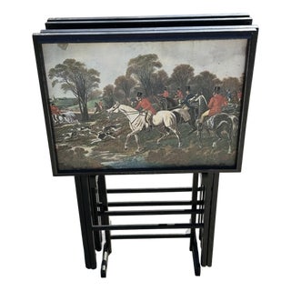 Vintage Mid 20th Century English Hunting Scene Folding Snack Trays With Stand- Set of 4 For Sale