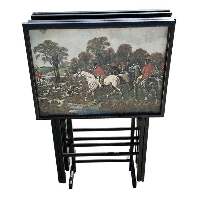 Vintage Mid 20th Century English Hunting Scene Folding Snack Trays With Stand- Set of 4 For Sale