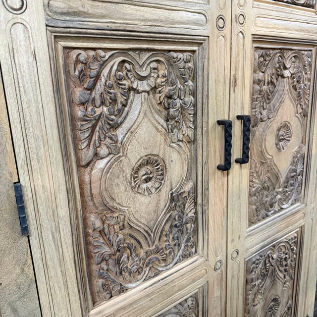 1980s Modern Farmhouse Style Vintage Carved Doors Tall Armoire For Sale In Houston - Image 6 of 7