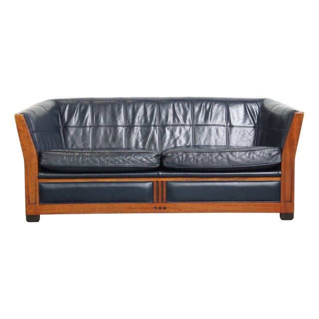 Art Deco Sofa with Woodwork and Dark Blue Cowhide For Sale