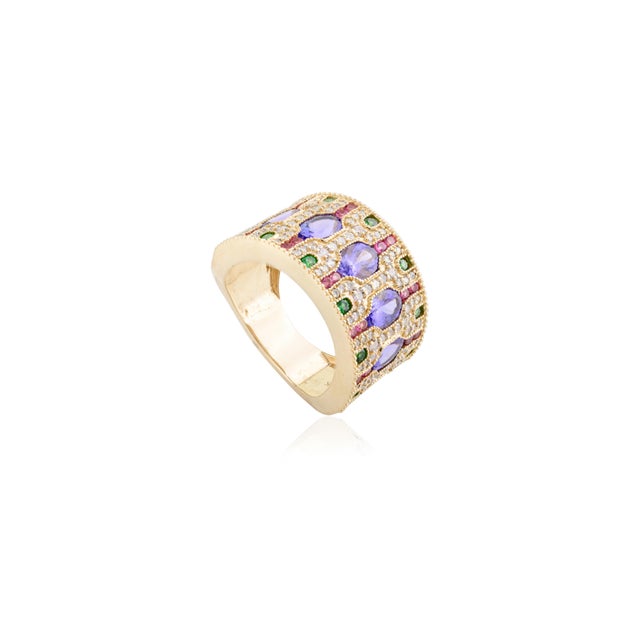 Stately 14k Solid Gold Wide Band With Multi Gem Contemporary Ring Size 6 For Sale In New York - Image 6 of 12