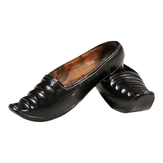 Petite Dutch 19th Century Ladies' Carved Wooden Clogs with Black Paint - A Pair For Sale