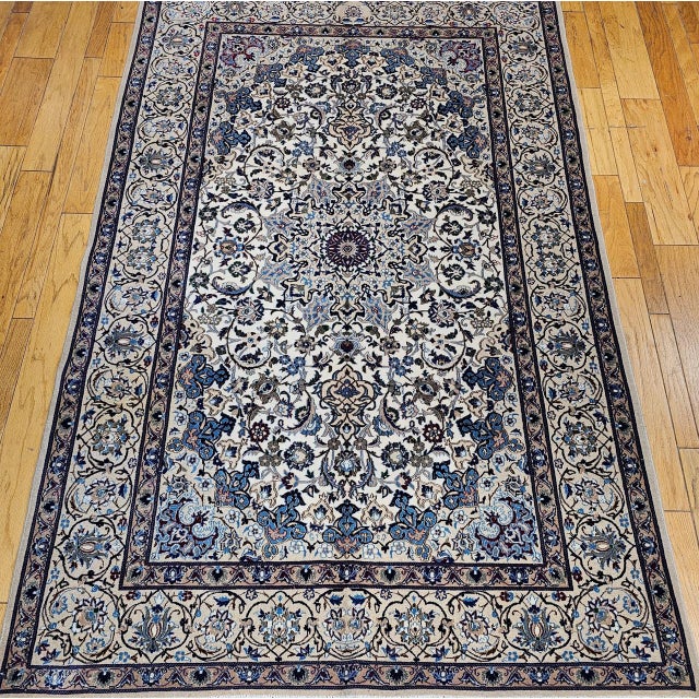 Vintage Persian Nain Area Rug, Hand-Knotted Wool & Silk, Floral Pattern, 7x11, Ivory & Blue For Sale - Image 4 of 12