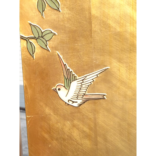 Gold 84" Tall Vintage Eight Panel Oriental Asian Gold Folding Screen Room Divider W Birds For Sale - Image 8 of 13