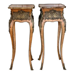 Antique Pair Early 20th Century Louis XV Style French Tall Side Hall Tables With Cherubs Brass Plaques & Findings