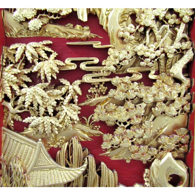 Early 20th Century Early 20th Century Chinese Black Lacquer Painted and Carved Gold Giltwood Wall Hanging Panels - a Pair For Sale - Image 5 of 12