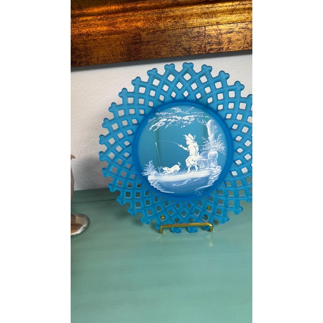 Glass Westmoreland Blue Glass Plate – Mary Gregory Style, Signed Boy Fishing, 1973 Pristine For Sale - Image 7 of 13