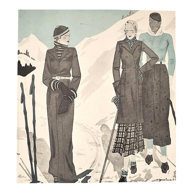 1931 Art Deco French Ski Print, Matted For Sale