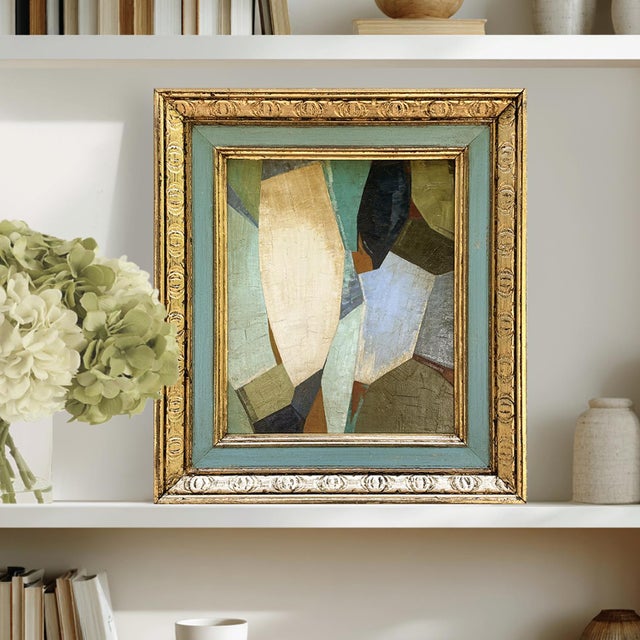 This is a new abstract oil painting in soft blue, turquoise and olive green tones. The oil painting is done on a hardboard...