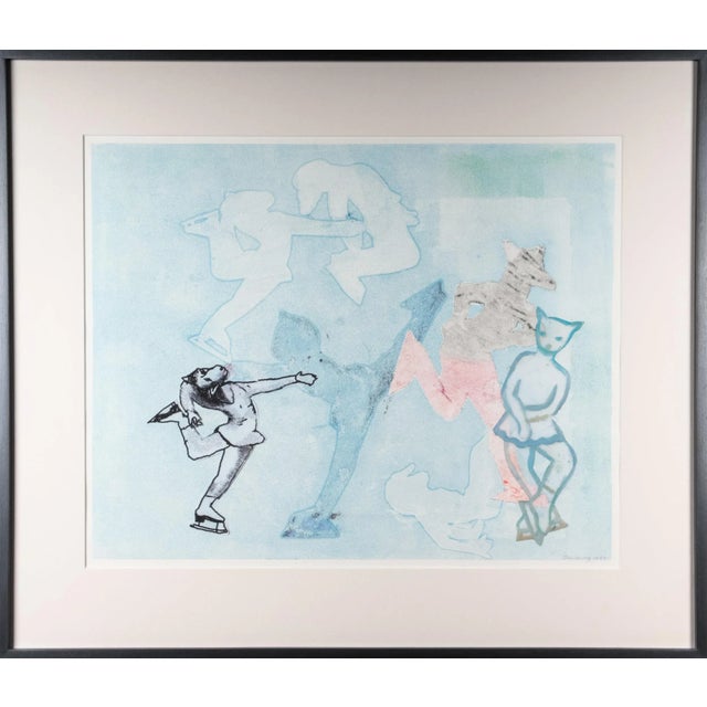 Late 20th Century "Skates III" Abstract Figurative Monotype by Elizabeth Sandvig, Framed For Sale
