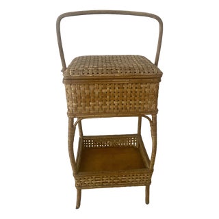 Vintage American Wicker and Rattan Two-Tier Sewing Basket Stand With Original Lining. For Sale