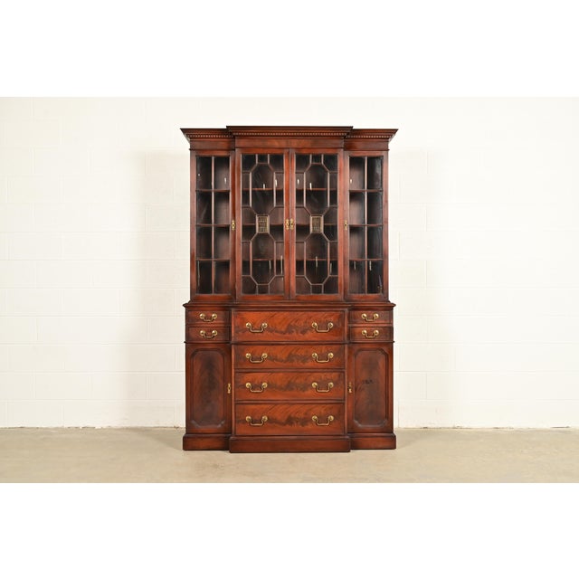 Baker Furniture Style Georgian Flame Mahogany Breakfront Bookcase Cabinet With Drop Front Secretary Desk For Sale - Image 16 of 16