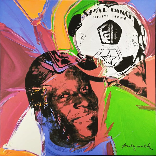 Andy warhol "pelè" limited numbered edition lithograph by cmoa. license: andy warhol foundation. limited edition...